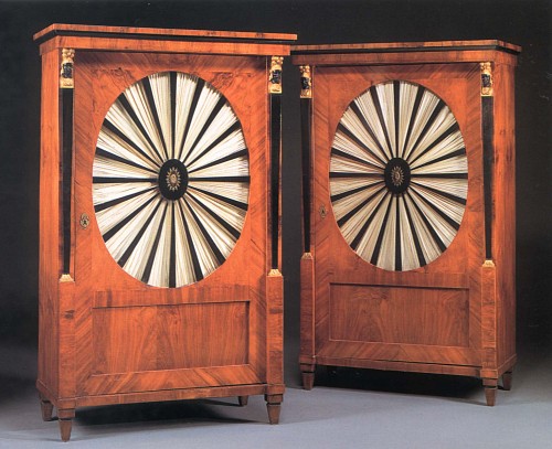 19th Century AUSTRIAN Pair of Biedermeier Gilt-Metal-Mounted Black Walnut, Ebonized and Parcel Gilt Cabinets