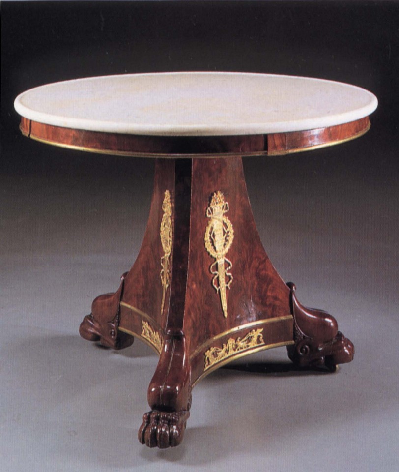 19th Century FRENCH, Late Empire Ormolu-Mounted Mahogany Center Table, 1810-1815
Mahogany, 30 x 38 1/8 x 38 1/4 in. (76.2 x 96.8 x 97.2 cm)
Circular white mottled marble top above the plain frieze fitted with later brass border raised on a canted tripartite support fitted with ormolu flaming torches within a laurel wreath on paw feet.
FRE-003-FU
$15,500